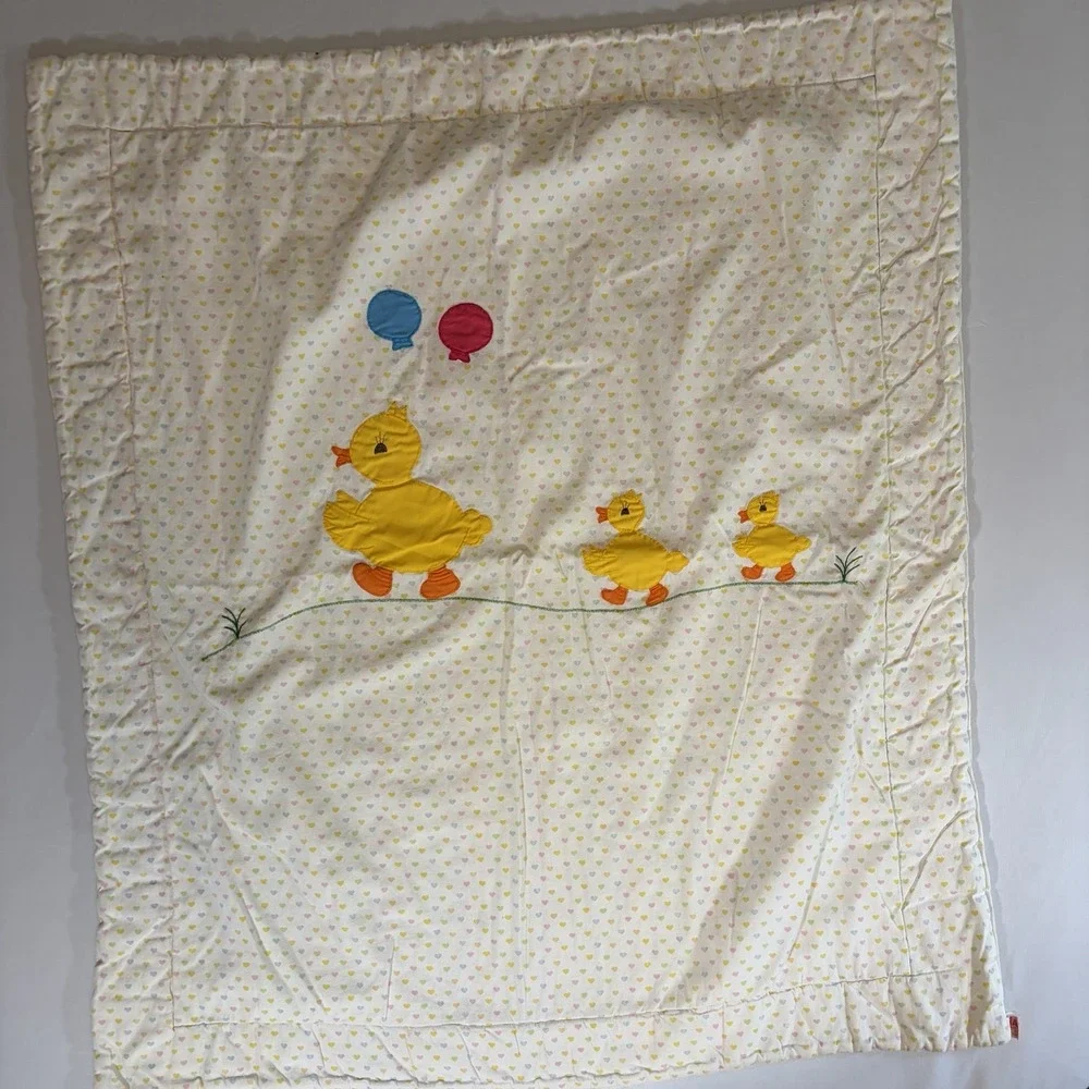 VTG Lillian Vernon Baby Blanket Ducks Duckling Balloon Polka Dots Cottage Cotton